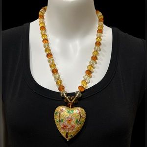 Vintage Joan Rivers Glass Bead & Cloisonné Heart Pendant Necklace